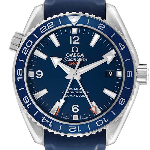 The Omega Seamaster 232.92.44.22.03.001 Men's Titanium Blue Dial watch is shown from a top-down angle, displaying the dial, bezel, and crown in detail.
