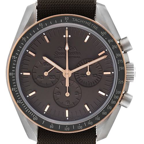 This image shows a frontal view of the Omega Speedmaster 311.62.42.30.06.001 Men's Titanium Grey Dial 311.62.42.30.06.001 Men's Titanium Grey Dial watch, highlighting the dial, subdials, bezel, and crown.