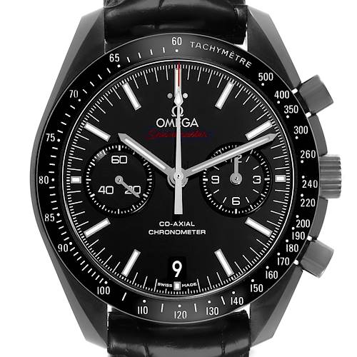 The Omega Speedmaster 311.92.44.51.01.003 Men's Ceramic Black Dial 311.92.44.51.01.003 Men's Ceramic Black Dial watch is shown from a front view, highlighting the dial, subdials, bezel, and crown.
