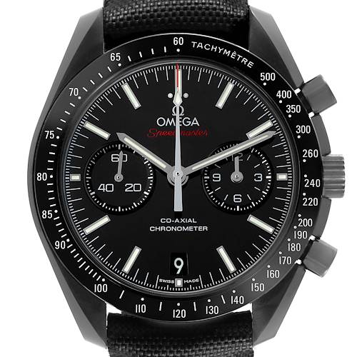 The Omega Speedmaster 311.92.44.51.01.003 Men's Ceramic Black Dial watch is shown from a front view, highlighting the dial, subdials, bezel, and pushers.