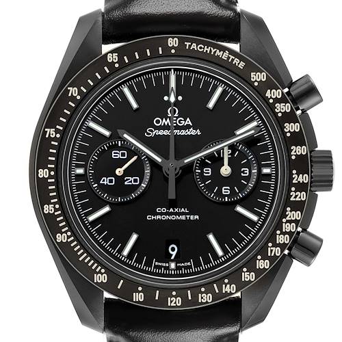 The Omega Speedmaster O311.92.44.51.01.003 Men's Ceramic Black Dial watch is shown from a front angle, highlighting the dial, tachymeter bezel, subdials, and crown.
