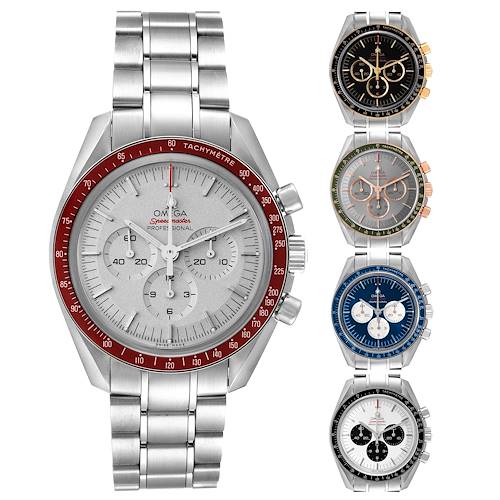 The Omega Speedmaster 522.30.42.30.06.001 Men's Stainless Steel Black Dial watches are shown from a front angle, highlighting different dial and bezel color variations.