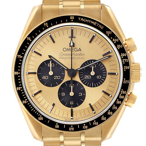 The Omega Speedmaster 310.62.42.50.99.001 Men's Yellow Gold Champagne Dial watch is shown from the front, highlighting the dial, sub-dials, bezel, and part of the bracelet.