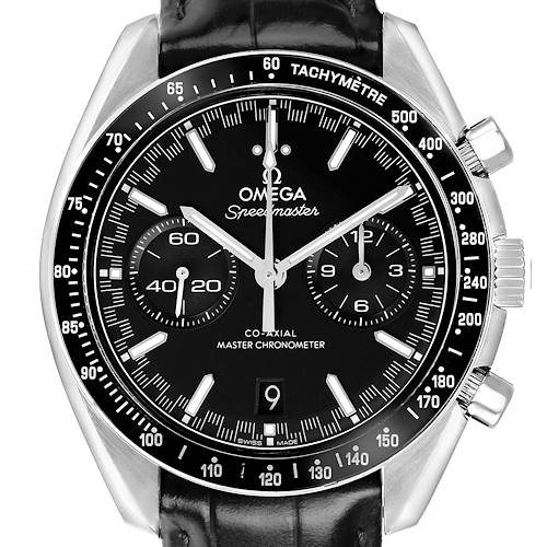 The Omega Speedmaster 329.33.44.51.01.001 Men's Stainless Steel Black Dial watch is shown from the front, displaying its face, tachymeter bezel, and chronograph subdials.