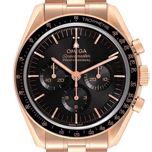 The Omega Speedmaster 310.60.42.50.01.001 Men's Rose Gold Black Dial 310.60.42.50.01.001 Men's Rose Gold Black Dial is shown from the front, displaying the dial, subdials, tachymeter bezel, and pushers.