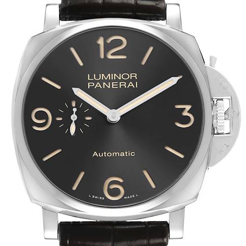 The image shows a front view of a Panerai Luminor Due PAM00674 Men's Stainless Steel Black Dial watch, highlighting its dial, crown guard, and leather strap attachment.