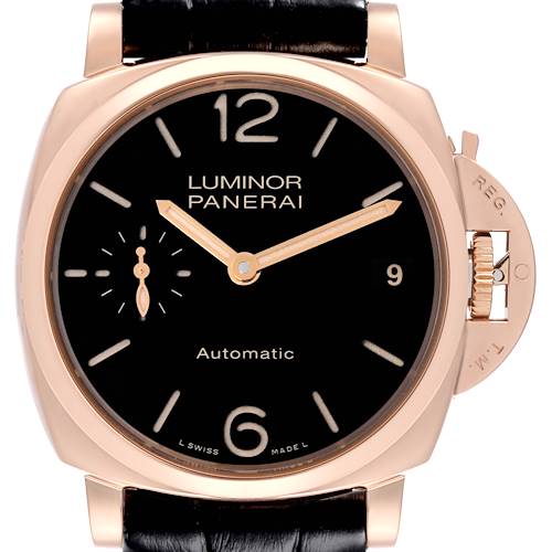 The Panerai Luminor PAM00908 Men's Rose Gold Black Dial PAM00908 Men's Rose Gold Black Dial watch is shown front-facing, highlighting the dial, crown guard, and strap attachment.