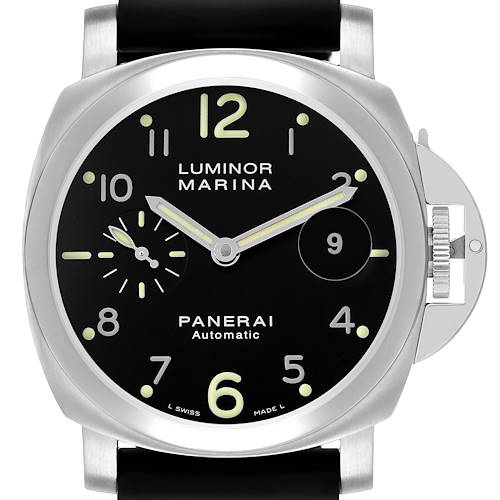 The Panerai Luminor PAM00164 Men's Stainless Steel Black Dial watch is shown from a top view, displaying its black dial, numerals, crown guard, and strap.