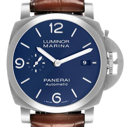 The Panerai Luminor PAM01370 Men's Stainless Steel Blue Dial watch is shown from the front, highlighting its blue dial, crown guard, and brown leather strap.
