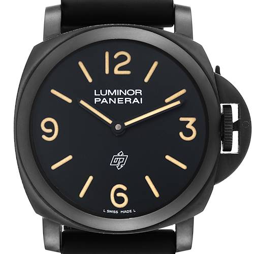 The Panerai Luminor PAM00360 Men's Stainless Steel Black Dial PAM00360 Men's Stainless Steel Black Dial watch is shown from a front view, highlighting the dial, numerals, and crown guard.