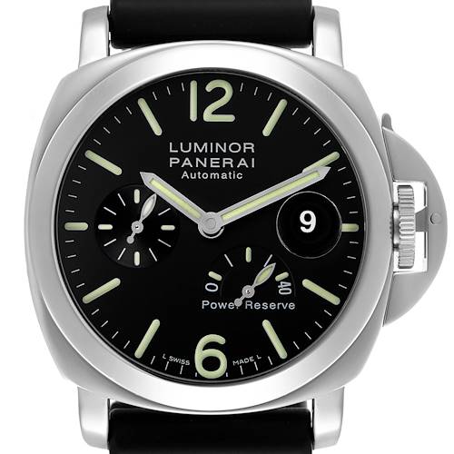 The Panerai Luminor PAM00090 Men's Stainless Steel Black Dial watch is shown from the front, displaying the face, crown guard, subdials, and strap attachment.