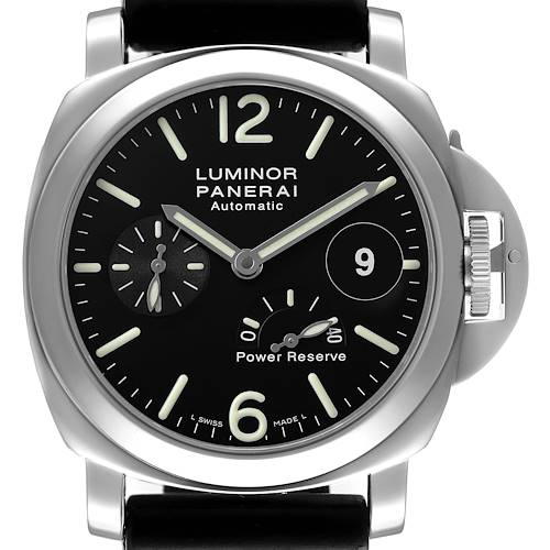 The image shows a frontal view of the Panerai Luminor PAM00090 Men's Stainless Steel Black Dial watch, highlighting its black dial, power reserve, and date window.