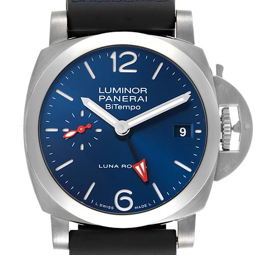 The image shows a front view of a Panerai Luminor PAM01404 Men's Stainless Steel Blue Dial PAM01404 Men's Stainless Steel Blue Dial BiTempo watch, including the dial, hands, and crown guard.