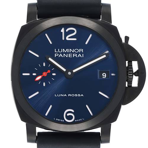 The Panerai Luminor PAM01408 Men's Stainless Steel Blue Dial watch is shown from a front angle, displaying its face, hands, numerals, date window, and crown guard.