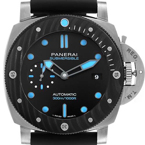 The image shows a Panerai Submersible PAM00799 Men's Titanium Black Dial PAM00799 Men's Titanium Black Dial watch head-on, highlighting the dial, bezel, hands, and crown guard.