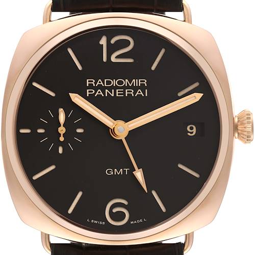 This image shows the front view of a Panerai Radiomir PAM00570 Men's Rose Gold Brown Dial PAM00570 Men's Rose Gold Brown Dial watch with its dial, hands, crown, and strap attachments visible.
