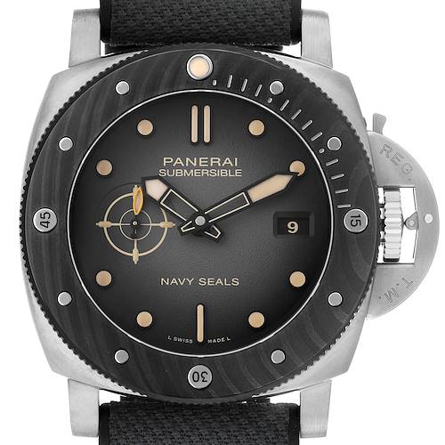 The Panerai Submersible PAM01669 Men's Titanium Black Dial watch is shown from a front angle, highlighting the face, bezel, lugs, crown, and crown guard.