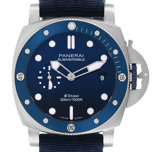 The Panerai Submersible PAM01289 Men's Stainless Steel Blue Dial watch is shown from a front angle, displaying the dial, bezel, and crown protector.