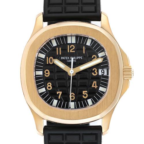 The image shows a front view of the Patek Philippe Aquanaut 5066J-001 Men's Yellow Gold Black Dial watch, highlighting the dial, case, and band attachment.