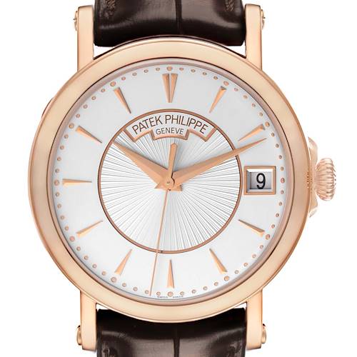 The image shows a front view of the Patek Philippe Calatrava 5153R-001 Men's Rose Gold Silver Dial watch, highlighting its dial, hands, and date window.