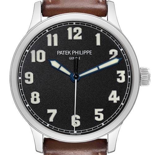 The Patek Philippe Calatrava 5522A-001 Men's Stainless Steel Blue Dial watch is shown from the front, highlighting its black dial, numerals, hands, crown, and brown leather strap.