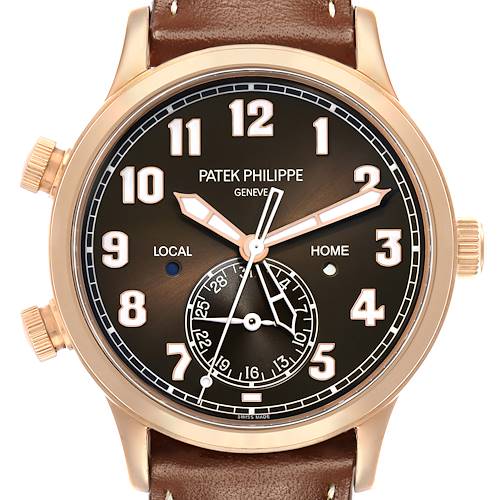 The Patek Philippe Calatrava 5524R-001 Men's Rose Gold Brown Dial watch is shown from the front, highlighting the dial, hands, numerals, and case.