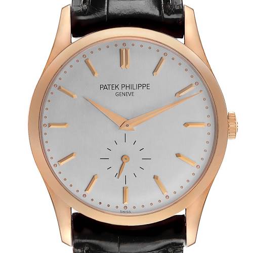 The Patek Philippe Calatrava 5196R Men's Rose Gold Grey Dial watch is shown from a front angle, highlighting the dial, hands, markers, and the crown.