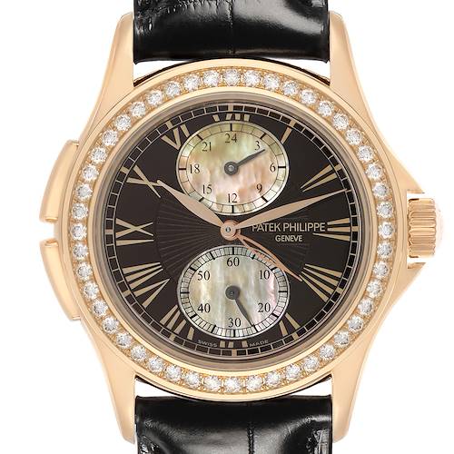 The Patek Philippe Calatrava 4934R-001 Women's Rose Gold Brown Dial watch is shown from a front angle, displaying its dial, bezel, and black leather strap.
