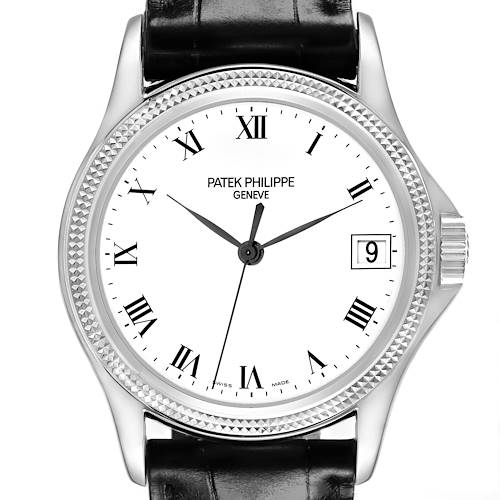The Patek Philippe Calatrava 5117G Men's White Gold White Dial watch is shown from the front, displaying its Roman numeral dial, textured bezel, and date window.
