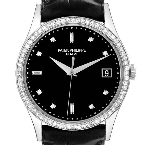 The Patek Philippe Calatrava 5297G-001 Men's White Gold Black Dial 5297G-001 Men's White Gold Black Dial watch is shown from a front angle, displaying the dial, bezel, and crown.