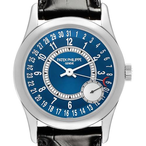 The Patek Philippe Calatrava 6000G Men's White Gold Blue Dial watch is shown from a front angle, highlighting the blue dial with hour, minute, and sub-dial displays.