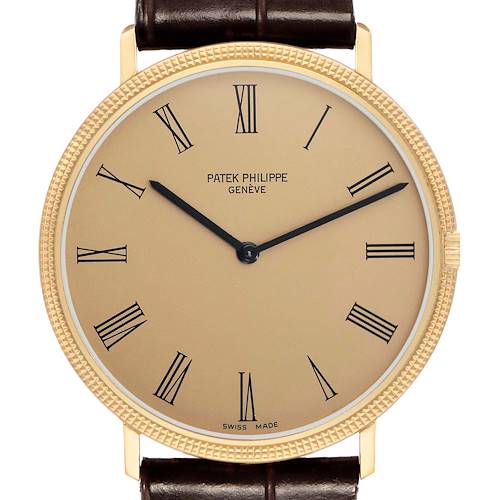 The image shows a front view of a Vintage Patek Philippe watch with a gold case, Roman numerals, and a brown leather strap.