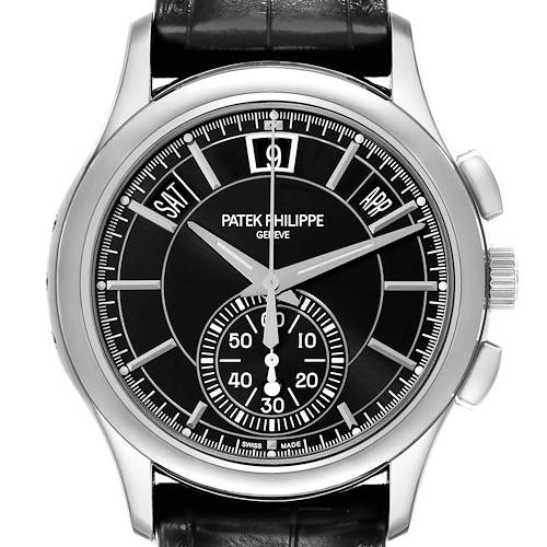 The Patek Philippe Complications 5905P - 010 Men's Platinum Black Dial watch is shown from a front angle, highlighting its dial, hands, and subdials.
