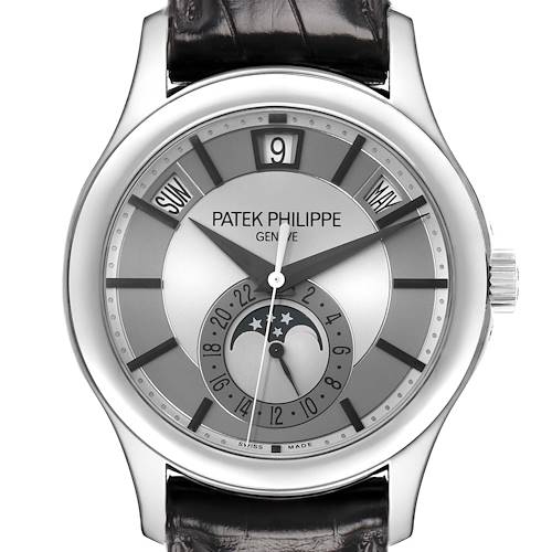 The Patek Philippe Complications 5205G-001 Men's White Gold Silver Dial watch is shown from the front, displaying the dial, hands, date, and moon phase features.