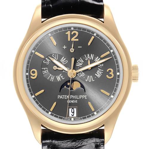 The Patek Philippe Complications 5146J-010 Men's Yellow Gold Grey Dial 5146J-010 Men's Yellow Gold Grey Dial watch is shown from a frontal angle, highlighting its gold case, dial with subdials, and moon phase.