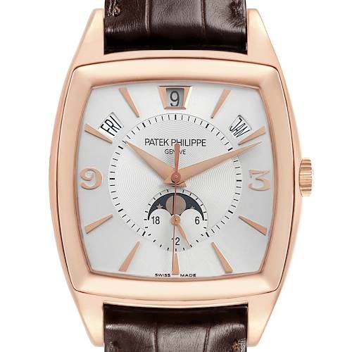 The Patek Philippe Gondolo 5135 5135R Men's Rose Gold White Dial watch is shown from the front, displaying its dial, hands, calendar, and moon phase features.