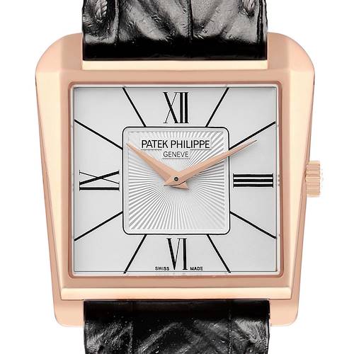 The Patek Philippe Gondolo 5489R Men's Rose Gold Silver Dial watch is shown from the front, displaying its face, hands, and crown.