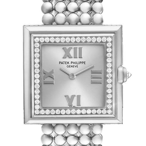 The Patek Philippe Gondolo 4868/001 Women's White Gold White Dial 4868/001 Women's White Gold White Dial watch is shown from a front angle, highlighting the square face, Roman numerals, and jeweled bezel.