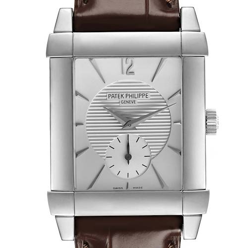 The Patek Philippe Gondolo 5111G Men's White Gold Silver Dial watch is shown from the front, highlighting its dial, case, crown, and brown leather strap.