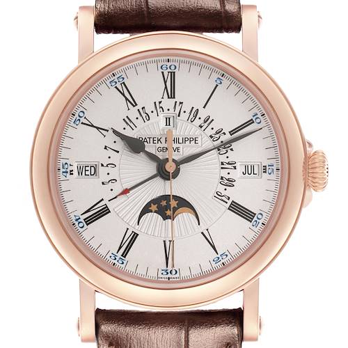 The Patek Philippe Complications 5159J-001 Men's Rose Gold White Dial 5159J-001 Men's Rose Gold White Dial watch is shown from a front angle, highlighting its dial, moonphase, and calendar functions.