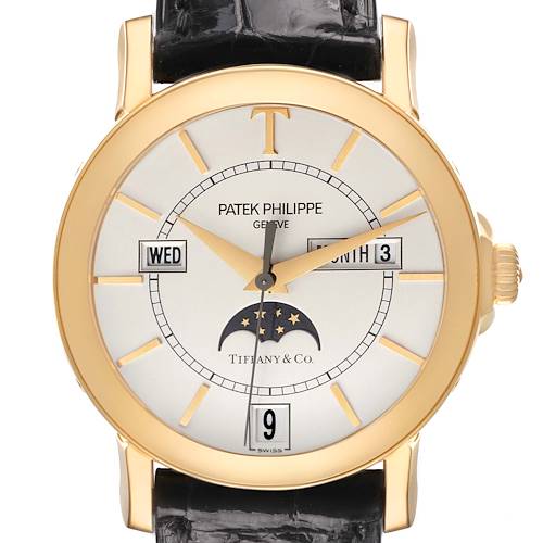 The Patek Philippe Complications 5150J Men's Yellow Gold Silver Dial watch is shown from the front, displaying the dial with calendar functions and a moon phase indicator.