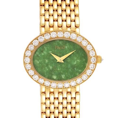 The image shows a front view of the Piaget P10242 Women's Yellow Gold Green Dial P10242 Women's Yellow Gold Green Dial 18k Yellow Gold Jadeite Dial Diamond Ladies Watch model P10242.