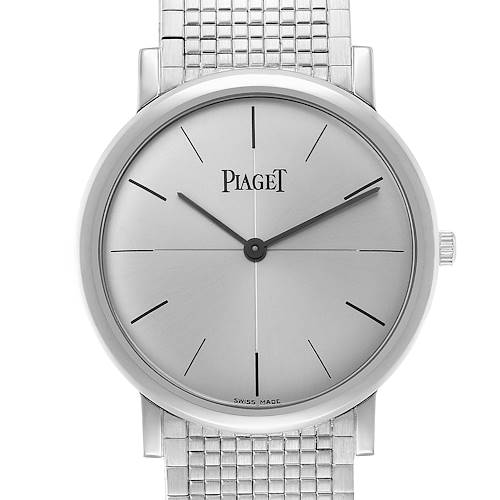 The Piaget P10178 Men's White Gold Silver Dial Altiplano P10178 watch is shown from the front, highlighting the silver dial, hands, and part of the white gold bracelet.