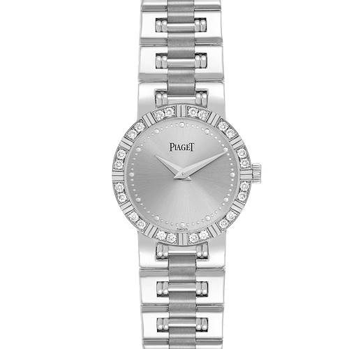 The Piaget 80564K81 Women's White Gold Silver Dial 80564K81 Women's White Gold Silver Dial Dancer White Gold Diamond Ladies Watch 80564 is shown from the front, highlighting its face, bezel, and bracelet.