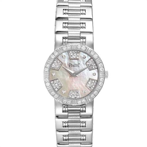 This image shows a front view of the Piaget 26503K81 Women's White Gold Mother of Pearl Dial 26503K81 Women's White Gold Mother of Pearl Dial Dancer 80564 White Gold Mother of Pearl Diamond Ladies Watch, highlighting the face and bracelet.