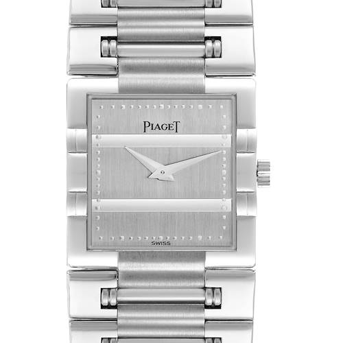 The Piaget 91317 Women's White Gold Silver Dial Dancer White Gold Ultra Thin Vintage Ladies Watch 91317 is shown from a front angle, highlighting the face and bracelet.