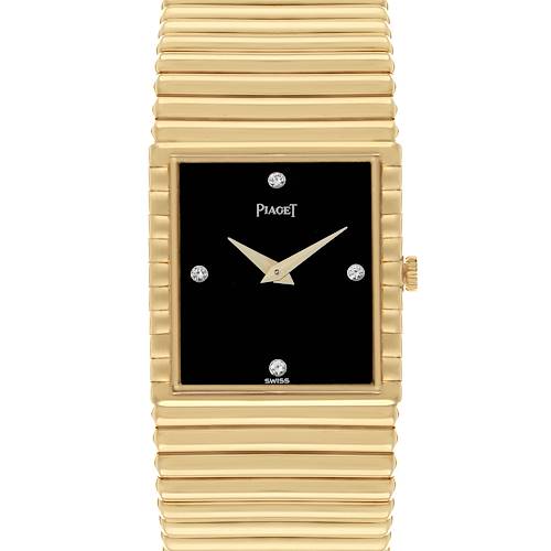 The Piaget 91490C510 Women's Yellow Gold Black Dial Emperador 91490C510 watch is shown from the front, highlighting its black dial, diamond markers, and yellow gold bracelet.
