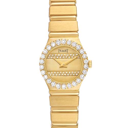 The image shows a Piaget  Women's Yellow Gold Champagne Dial  Women's Yellow Gold Champagne Dial Polo 18K Yellow Gold Diamond Dial Quartz Ladies Watch from a top-down perspective, highlighting the face and bracelet.