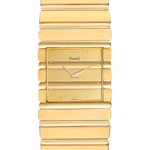 The image shows a front view of the Piaget 7131 C701 Men's Yellow Gold Champagne Dial 7131 C701 Men's Yellow Gold Champagne Dial Polo 18K Yellow Gold Quartz Men's Watch 7131 model, highlighting the dial and bracelet.