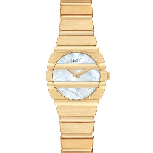 The Piaget 8610701 Women's Yellow Gold Mother of Pearl Dial 8610701 Women's Yellow Gold Mother of Pearl Dial Polo Yellow Gold Mother of Pearl Dial 8610701 is shown from a top view, displaying the dial, bracelet, and crown.
